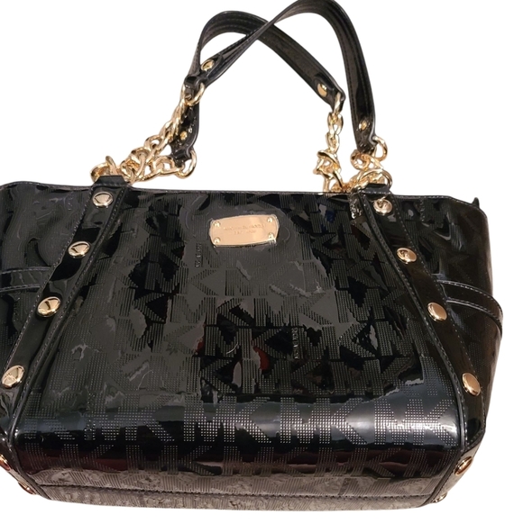 MICHAEL KORS NWT Delancy Signature Black Patent Leather Shoulder Tote Medium - Picture 15 of 16